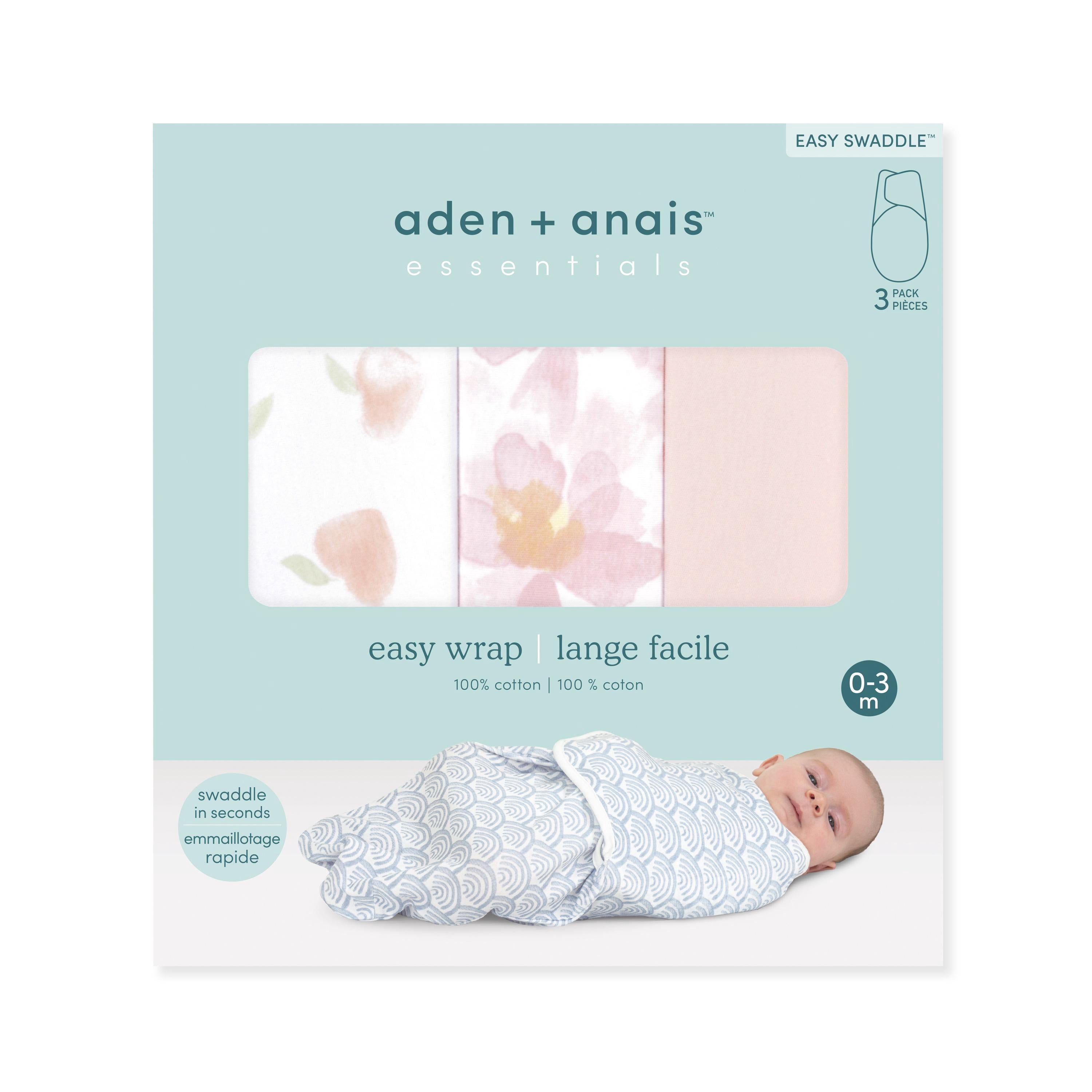 aden + anais Essentials No Zip Wrap Swaddles, Garden Floral, Pink, Girls, Newborn, 0-3 Months, 3-Pack