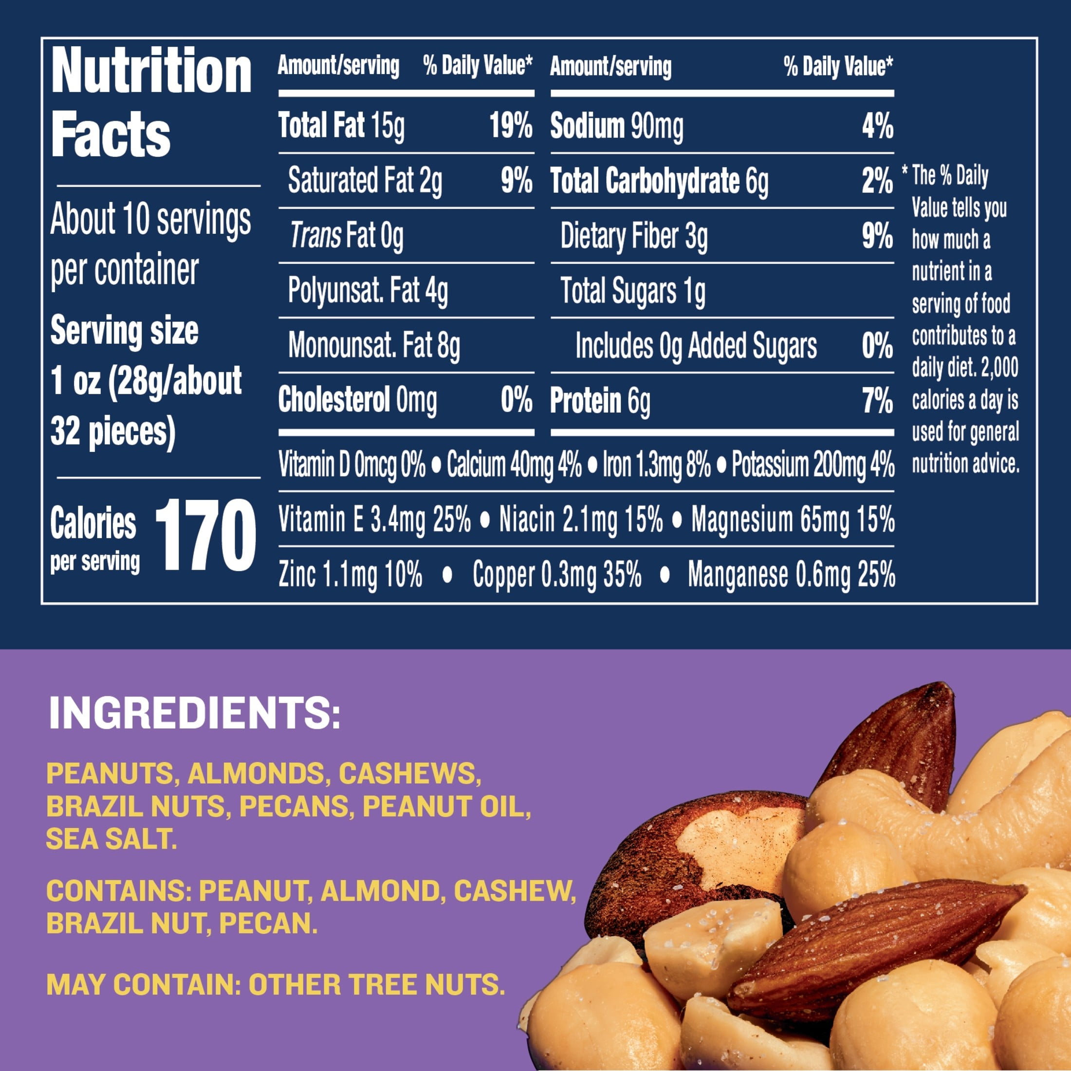 (12 pack) PLANTERS Salted Mixed Nuts, Party Snacks, 6g (7% DV) Plant-Based Protein, 10.3 oz Can