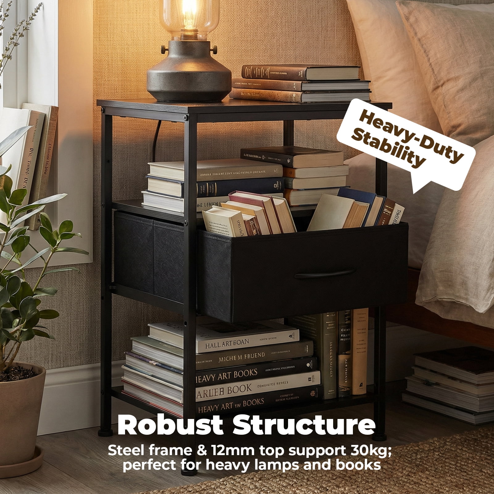 Alvantar Bedside Table Charging Station Nightstand with USB/C Ports, Adjustable Drawers, 3-Tier Storage Shelf