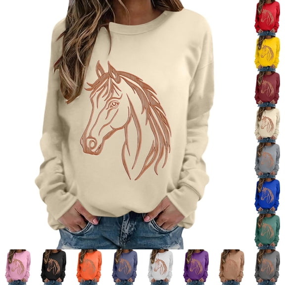 IMENGL Oversized Sweatshirts for Women Hoodless Horse Print Riding Horse Lover Long Sleeve Neck Tops Shirts Loose Fit Pullover Womens Casual Crewneck Sweatshirt,S-3XL