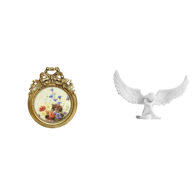 Marco de fotos antiguo de ángel, marco de fotos vintage redondo de 7,6 x 7,6 cm (3 x 3 pulgadas), marco ornamentado europeo para escritorio y pared co