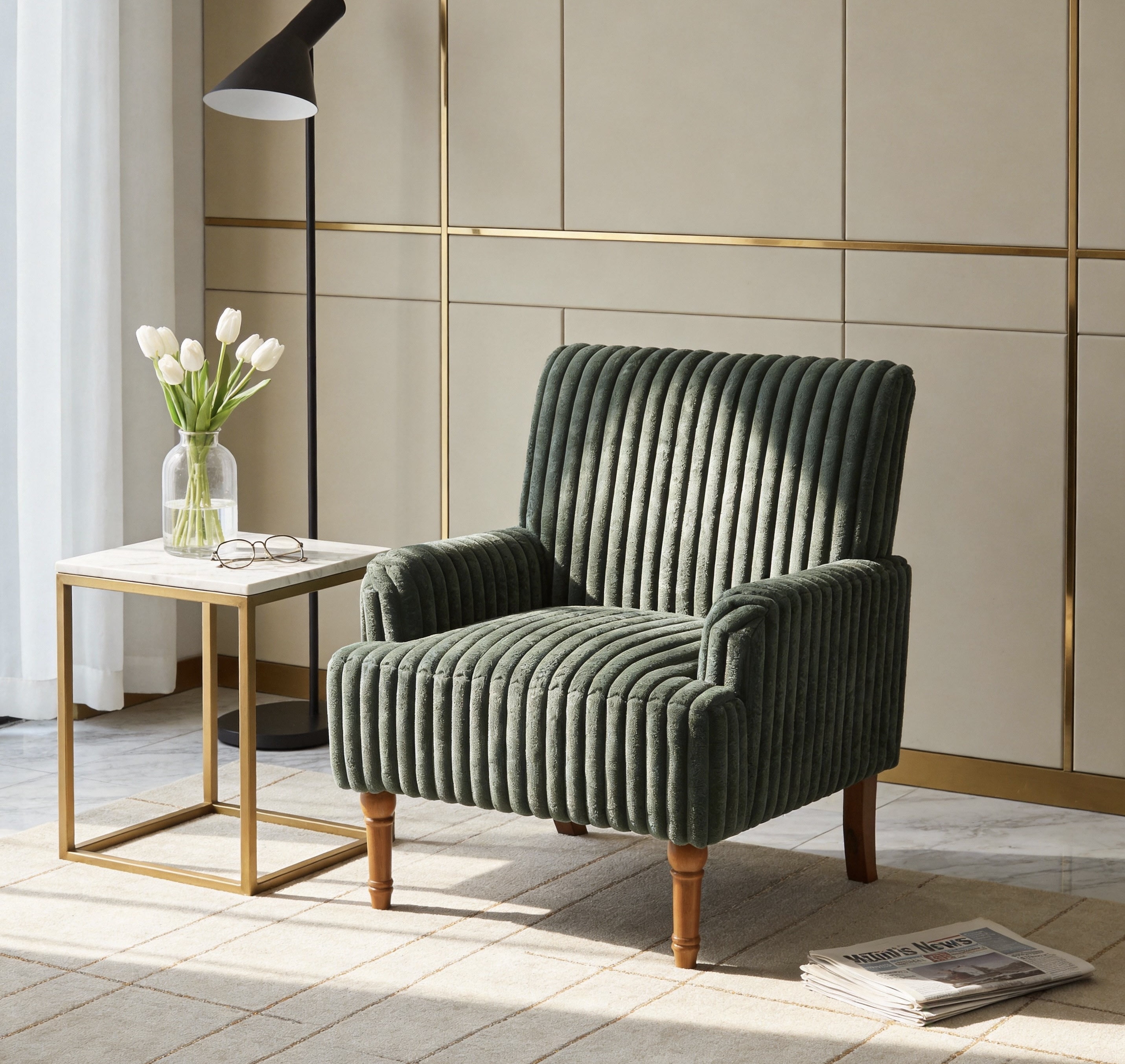 Modern Accent Chair with Wide Wale Corduroy, 9 Inch Solid Wood Legs, Upholstered Armchair with Thick High-Density Foam Cushion for Living Room, Army Green