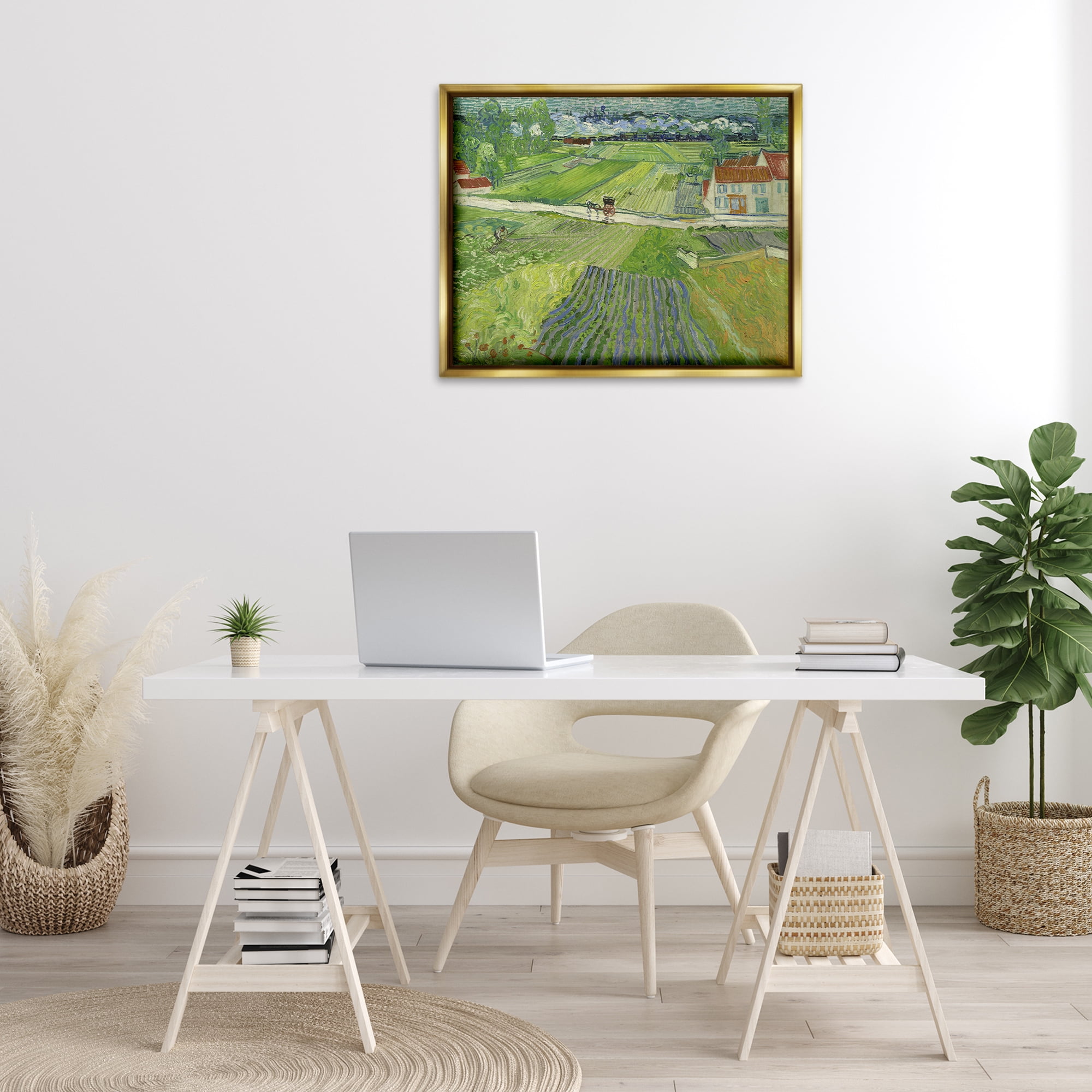 Stupell Industries Van Gogh Carriage & Train Landscape Landscape & Nature Painting Gold Floater Framed Canvas Art Print Wall Art, 31 x 25