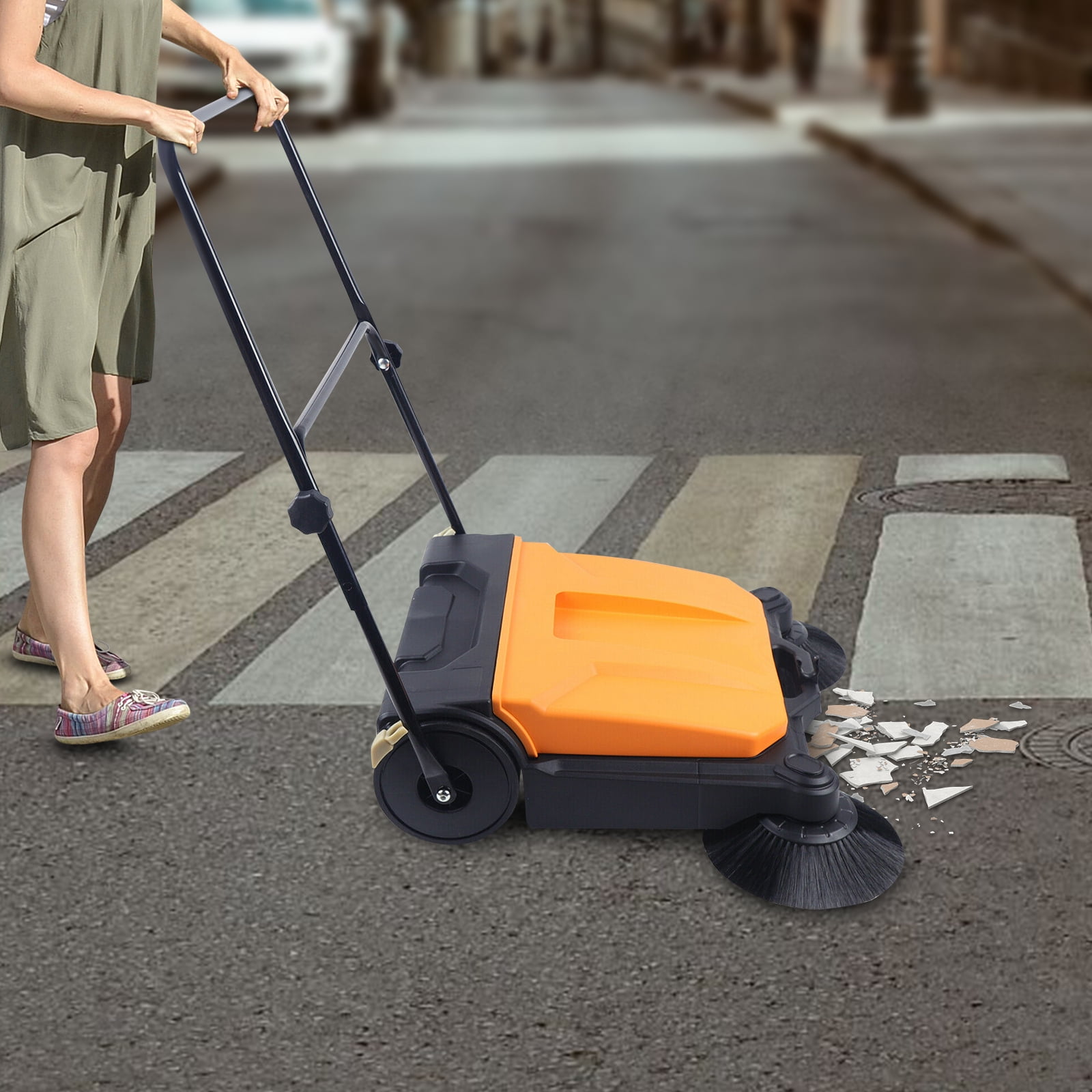 26" Industrial Hand-Push Sweeper – Twin Brush Floor Cleaning Machine, Manual Outdoor Sweeper with 15L Capacity, 2720㎡/h, No Electricity Needed