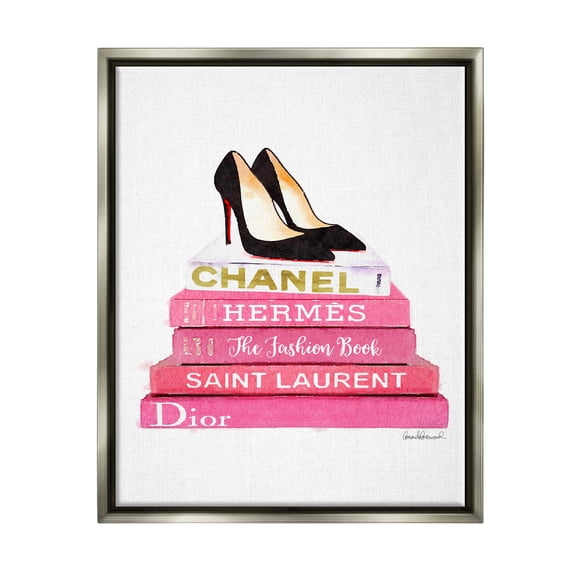 Stupell Industries Glam Pink Fashion Books Black Pump Hells Luster Gray Framed Floating Canvas Wall Art, 16x20, by Amanda Greenwood