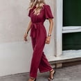 thumbnail image 4 of QUYUON Women Summer Dressy Jumpsuits with Belted Short Sleeve Crew Neck Casual Loose Wide Leg Pants Jumpsuit Rompers Work Office One-Piece Jumpsuits Fashion Overalls, Style 1122 Red L, 4 of 5