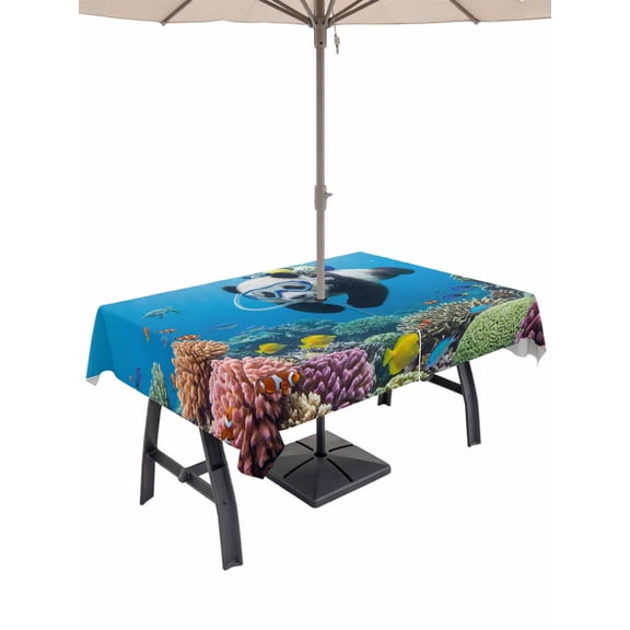 Outdoor Tablecloth with Umbrella Hole and Zipper, Funny Diving Panda Rectangle Table Cloth 60x120 Inch Waterproof Tablecloth, Ocean Sea Coastal Coral Fish Marine Life Picnic Table Cover for Patio