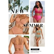 Eytino Bikinis for Women High Waisted Bikini Sets Swimsuit Ribbed V Neck Drawstring Tie Side Bottom Two Piece Bathing Suit Black L