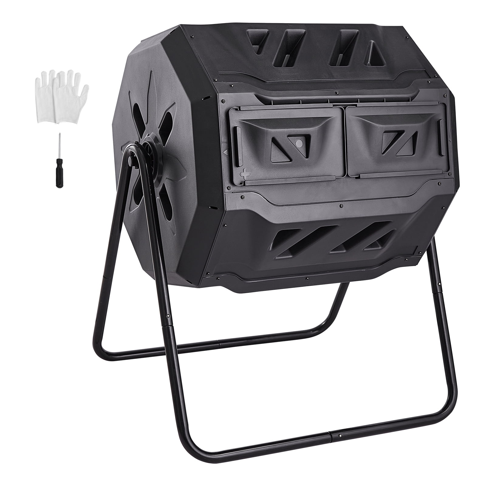 KFFKFF Composting Container, 43-Gallon Double Chamber Rotating Compost Tumbler, Spacious Tumbler Composter with Dual Access Doors and Metal Structure, BPA-Free Compost Bin for Garden, Exterior