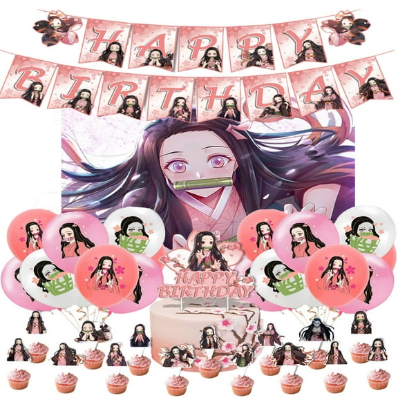 Children's Birthday Party Decorations Set - Demon Slayer Theme Party Supplies (Includes banner, printed balloons, backdrop, cake toppers)
