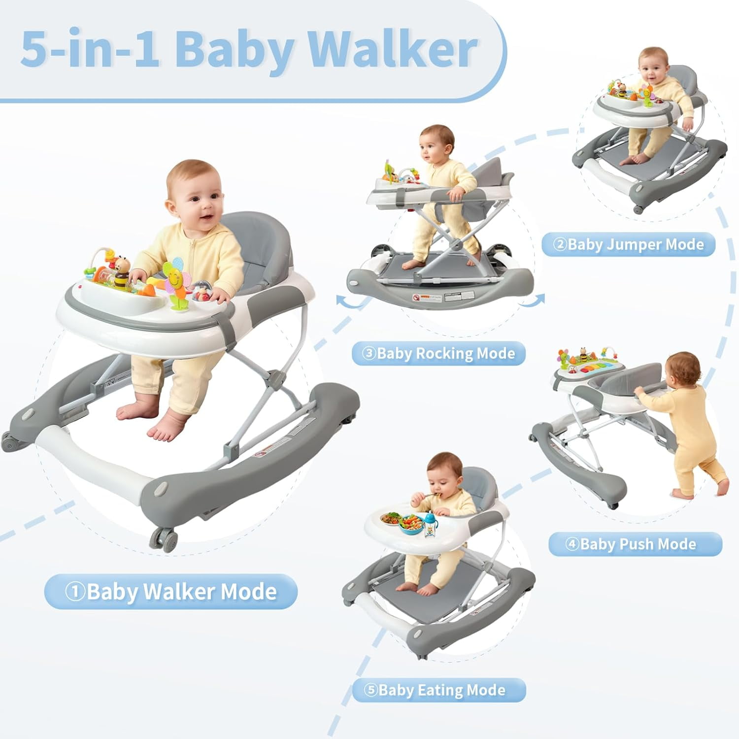 5 in 1 Baby Walker (Walk,Jumper,Rocking,Push,Eating Mode) for Boys Girls,Foldable,Music & Light,Height Adjustable,Wheels for Infant Babies,Grey