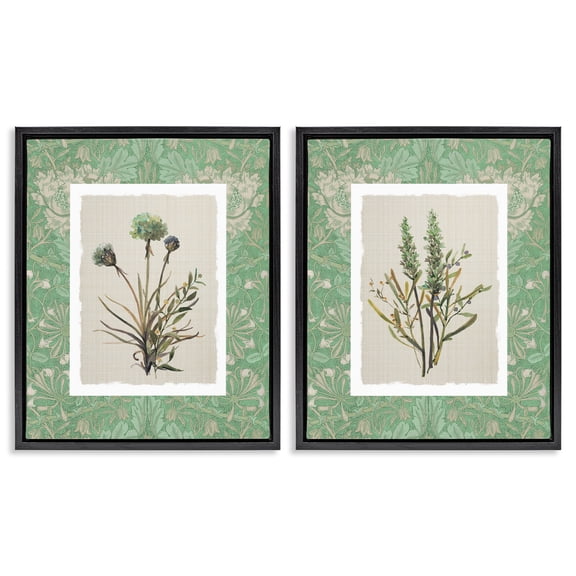 Stupell Industries Green Tone Herbal Blooms 2 Piece Black Framed Floater Canvas Set, design by Carol Robinson