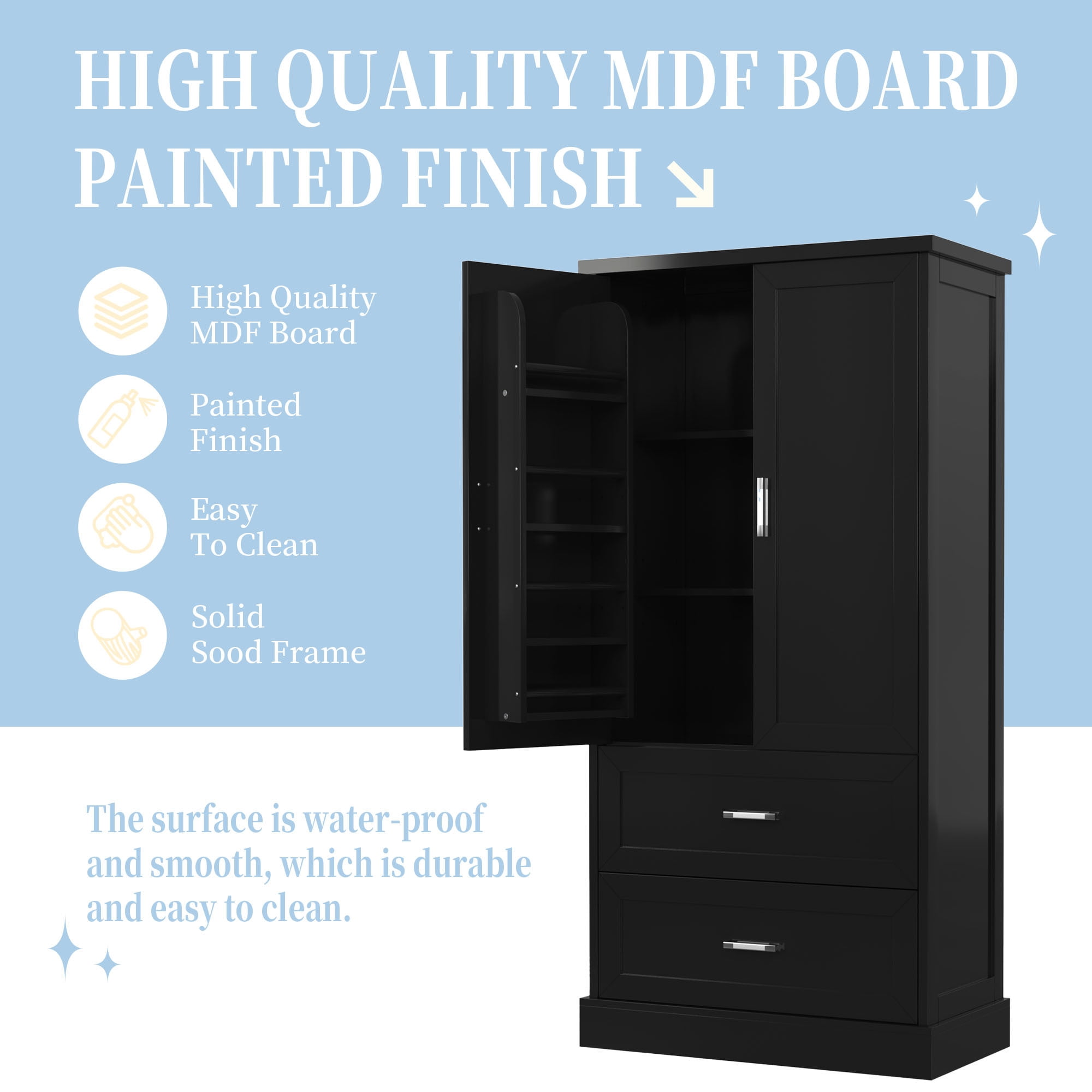 EUROCO Tall Bathroom Floor Storage Cabinet, Bathroom Storage Unit, Freestanding Cabinet with 2 Drawers and 2 Doors, Adjustable Shelf,Black