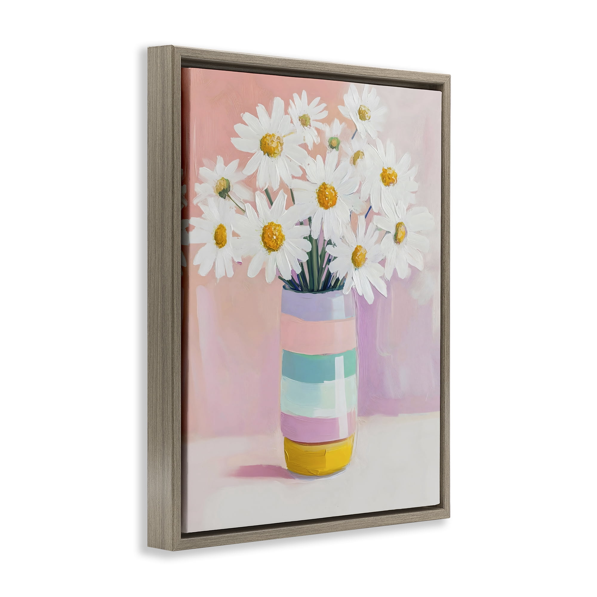 Stupell Industries Daisies in Striped Vase Brown Framed Floater Canvas Wall Art, design by The Prints Vibe