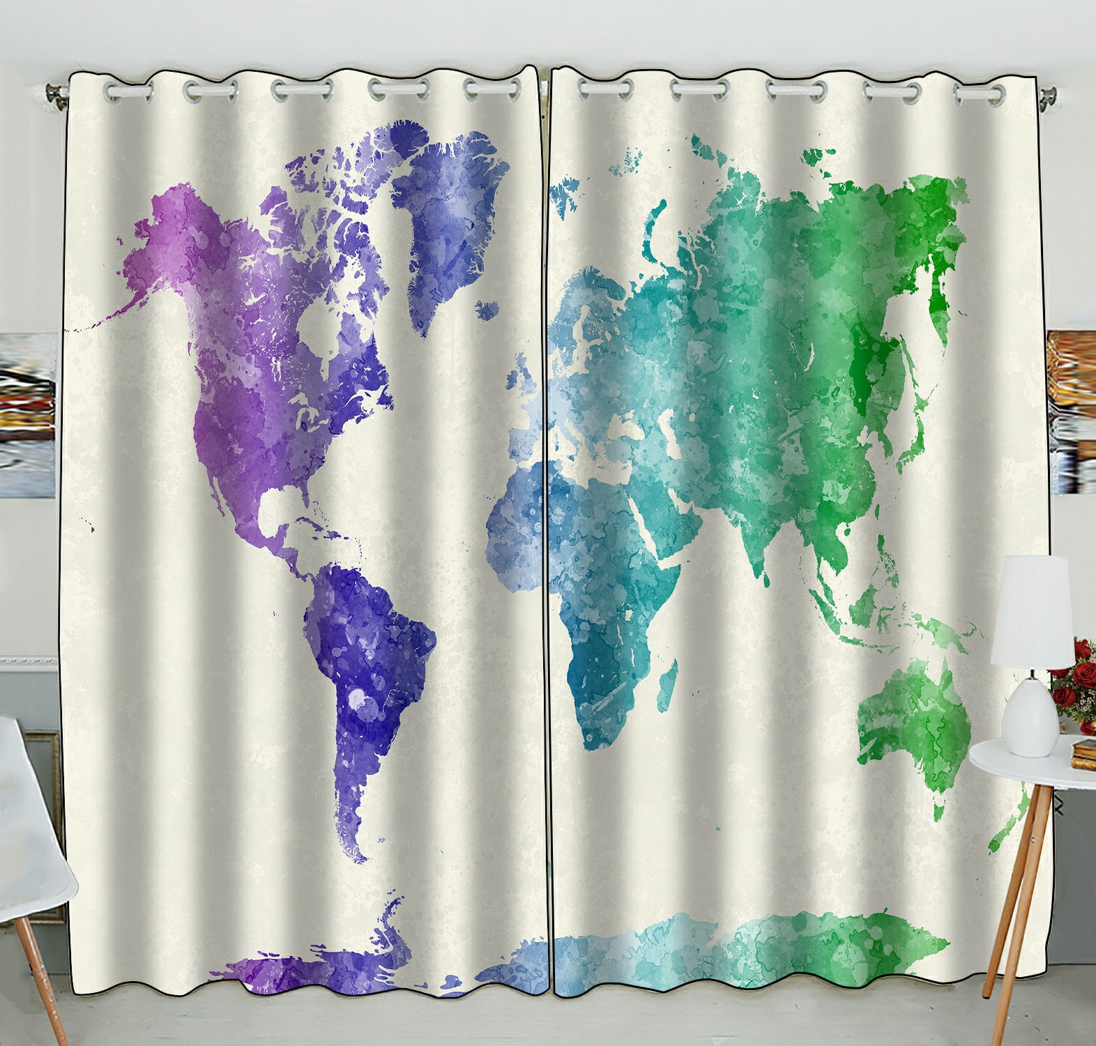 Phfzk Abstract Art Splatter Painting Window Curtain Watercolor World Map Blue Purple Blackout For Bedroom Living Room Kitchen