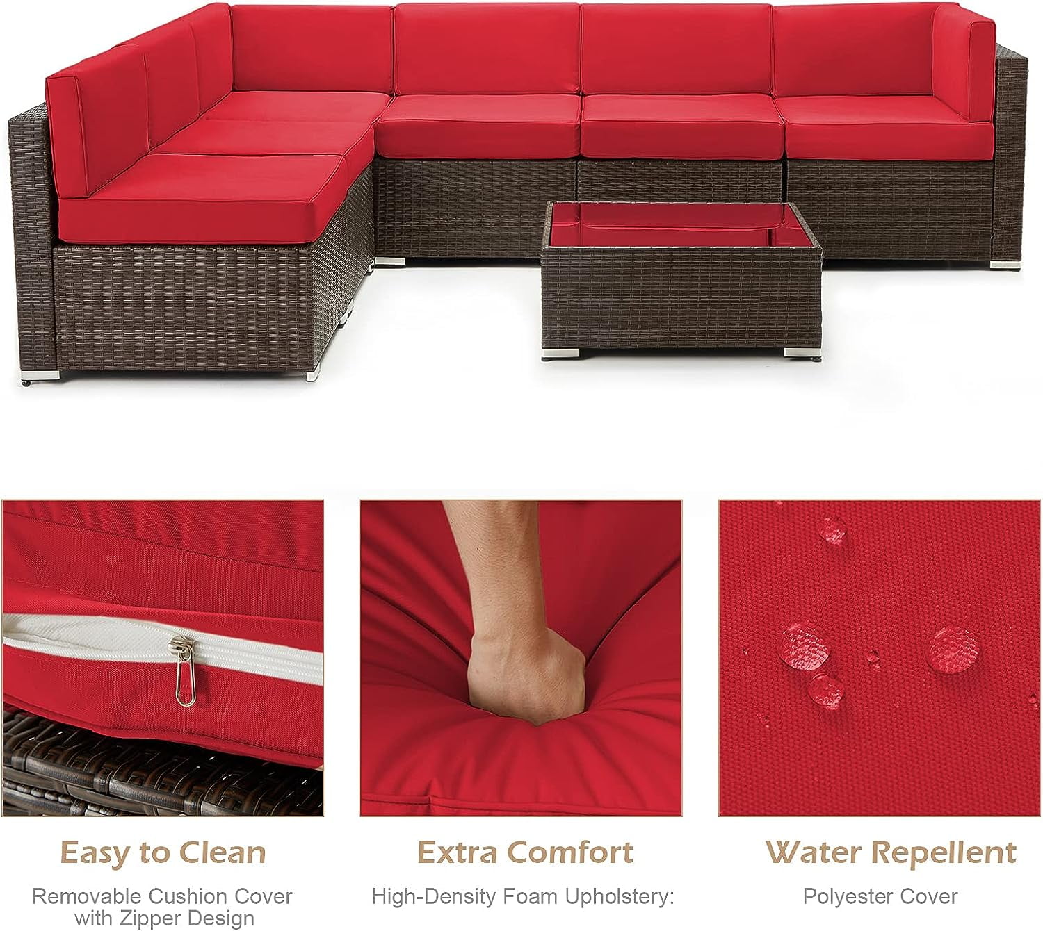 Danrelax 7 Pc Outdoor Patio Sectional Set, Red and Black Red Steel with Cushions