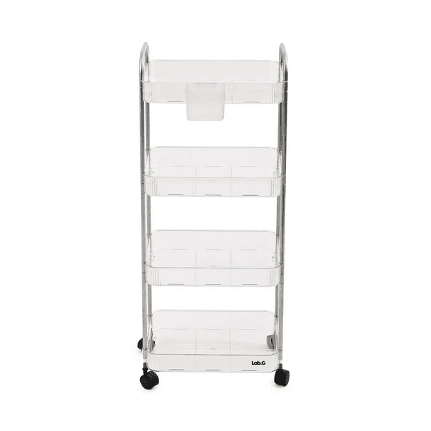 Carrito Auxiliar Multiusos 4 Niveles Ruedas Giratorias Lab.G, Transparente Plata