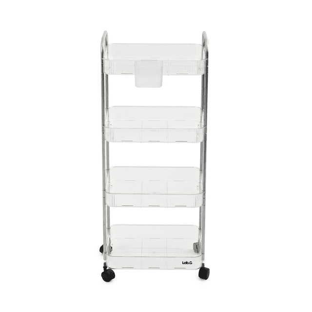 Carrito Auxiliar Multiusos 4 Niveles Ruedas Giratorias Lab.G, Transparente Plata