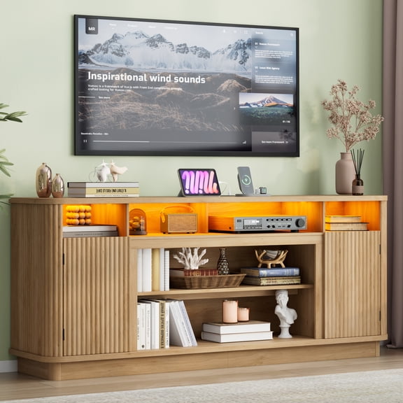 ANPOO 71" Fluted TV Stand for 75/80" TVs with LED Light and Power Outlet, Modern Entertainment Center with 2 Storage Cabinets & 6 Open Shelves, Wooden Media Console TV Stand for Living Room,Natural