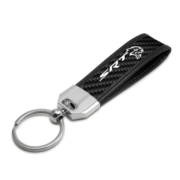 Dodge SRT Hellcat Real Carbon Fiber Leather Strap Key Chain with Black stitching