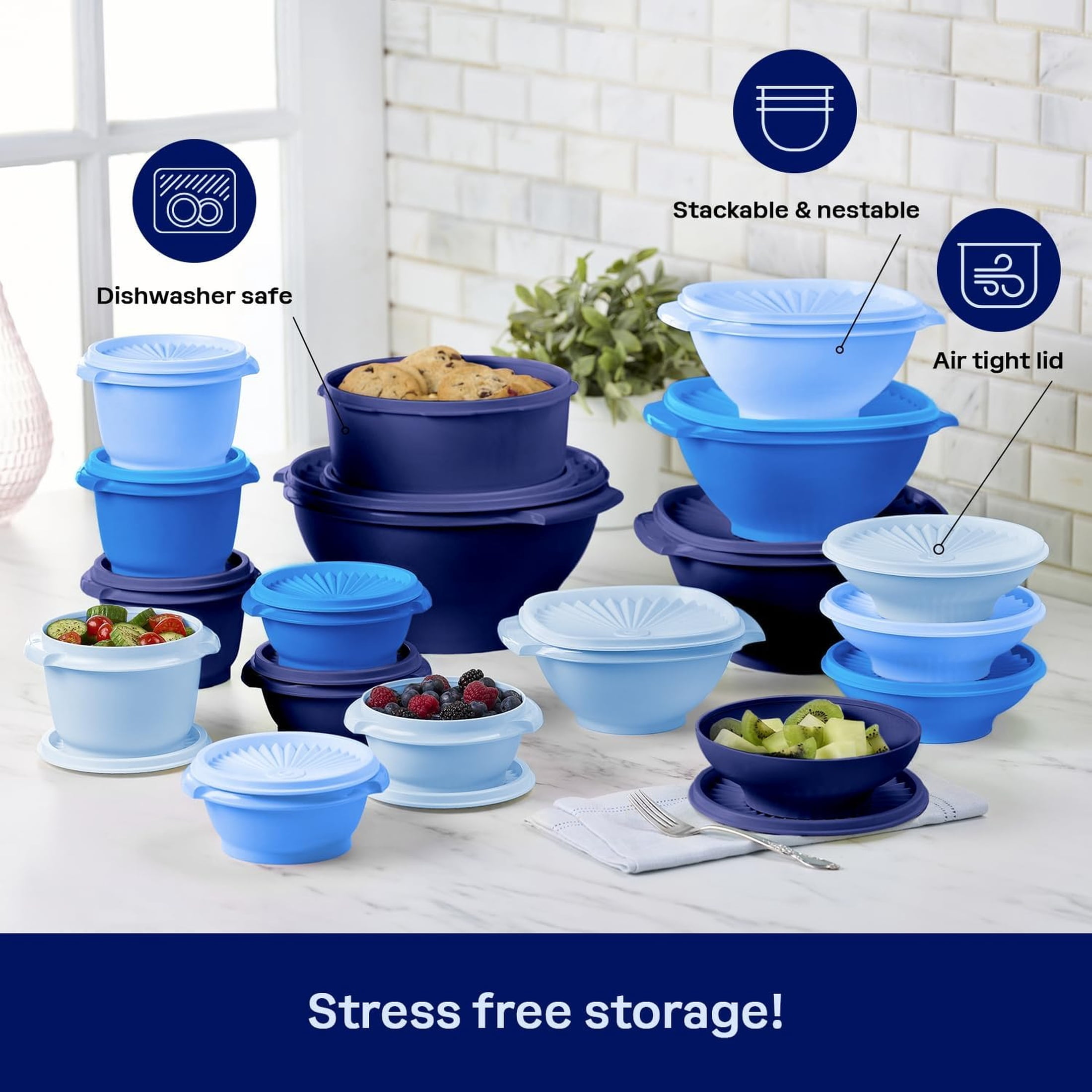 Tupperware Heritage Food Storage Containers with Lids, Blue (36 Count)