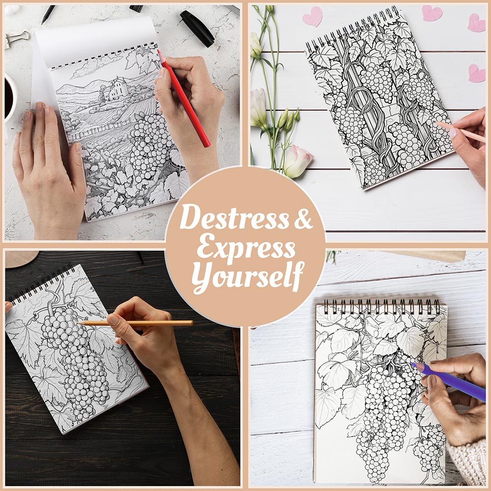 Spring Vineyards Coloring Book Spiral Bound For Adults, A5 Wooden Cover, 30 Refreshing Coloring Pages of vineyards flourishing for Stress Relief and Relaxation