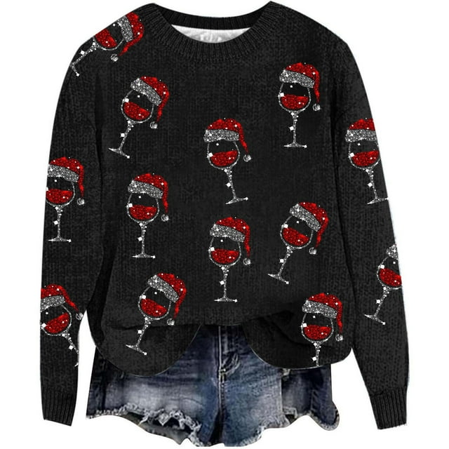 WEAIXIMIUNG Chandails Courts pour Femmes Automne/hiver Mode Chandail d'Extérieur Col Rond Imprimé de Noël Tricot Grossier Chandail à Enfiler Chandail à Capuchon Haut