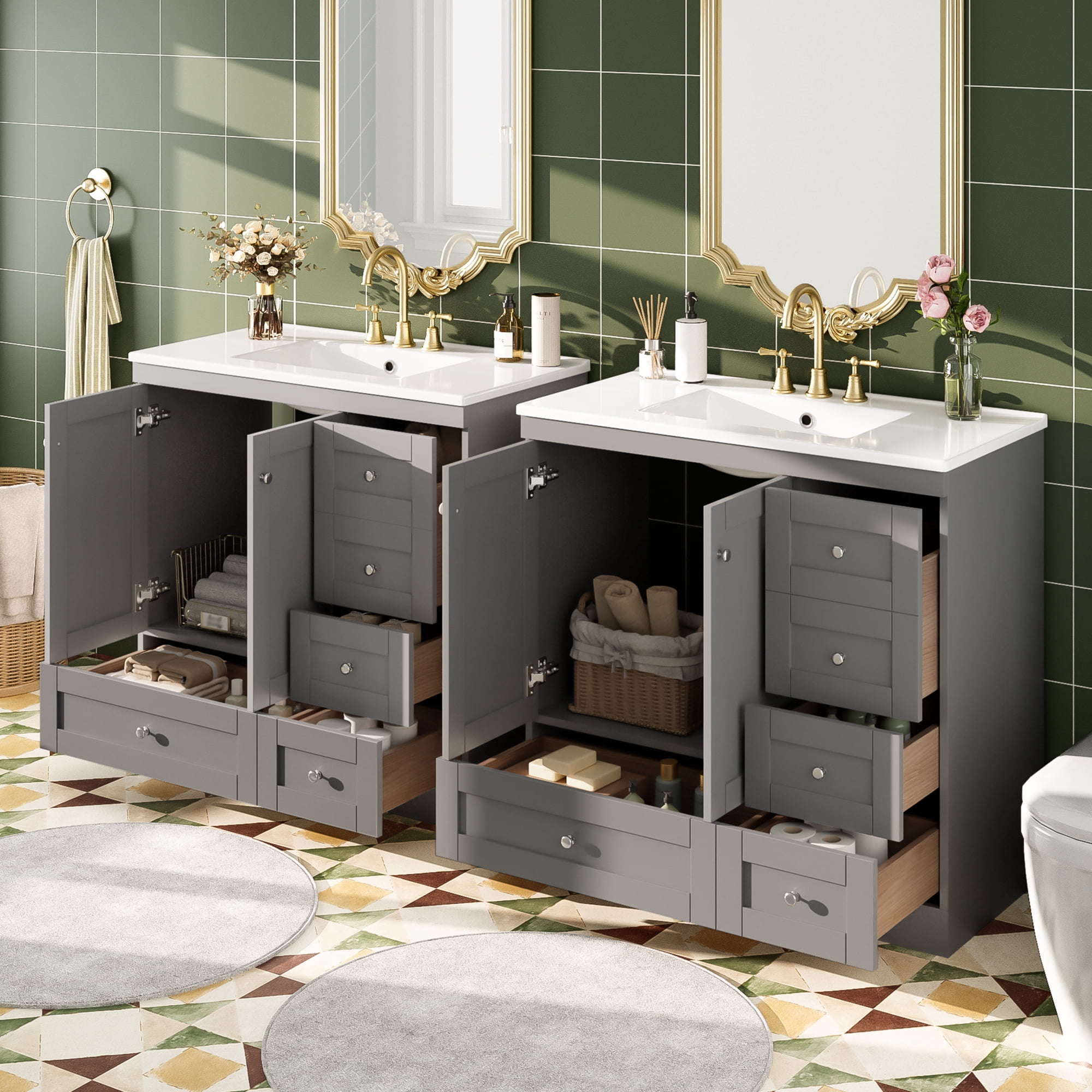 Euroco 72 inch Shaker Style Free-Standing Bathroom Vanity Cabinet with Ceramic Sink, Soft-close Drawers and Soft-close doors