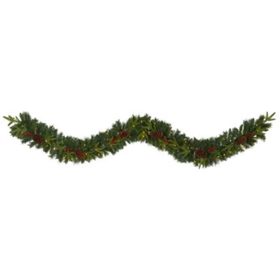 Nearly Natural Pre-Lit Mixed Pine with Berries and Pinecones Christmas Garland - 9' x 6" - Clear LED