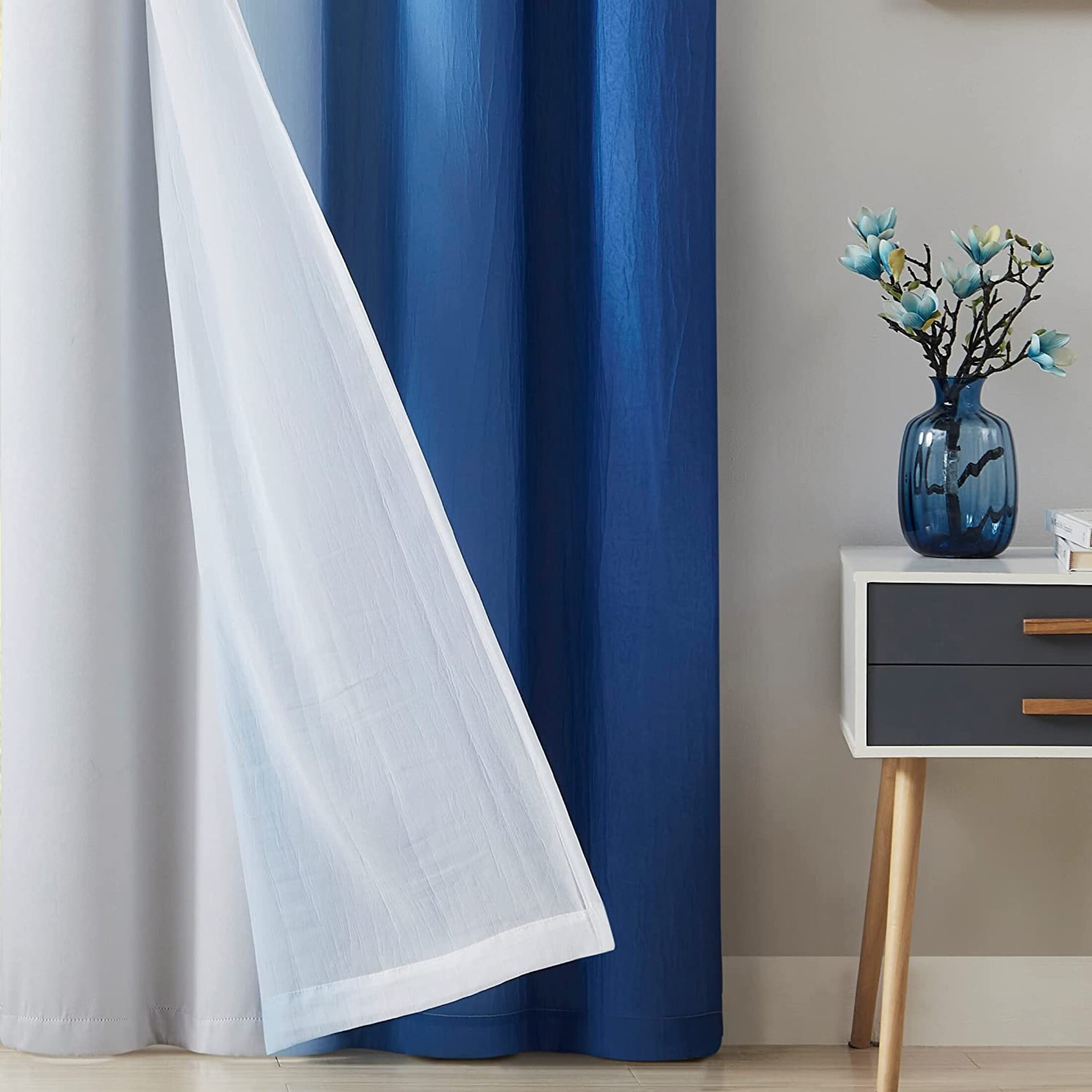 Junvictex White Blackout Curtains Double Layers Grommet Panels Blue Ombre Sheers 52"Wx95"L,4pcs