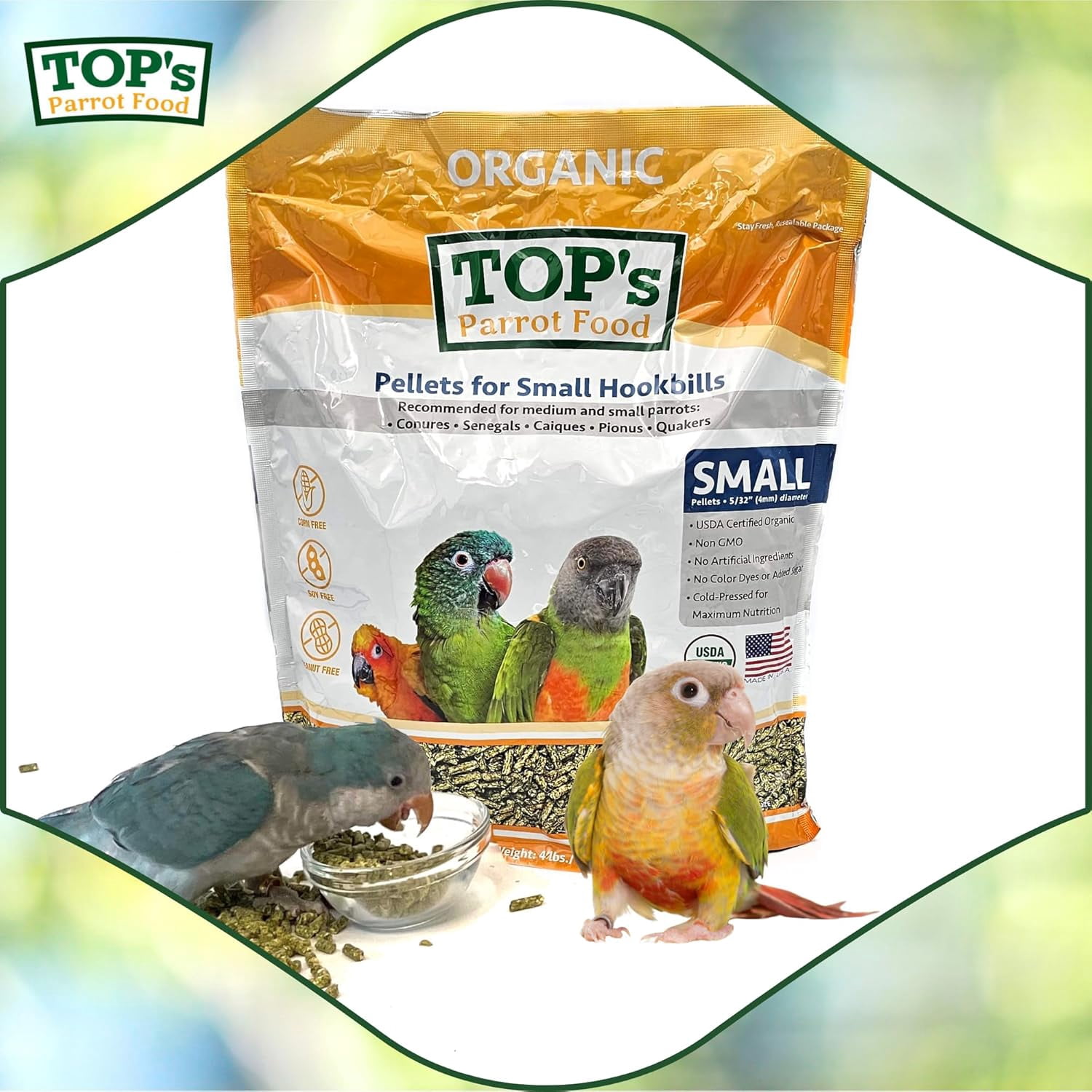 TOP's Parrot Food Small Pellets for Conures, Senegals, Caiques, Pionus, USDA Certified Organic, Human Grade, Non-GMO, Corn, Soy & Peanut Free, 4 lb
