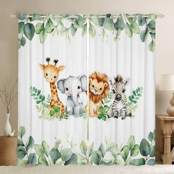 Manfei Jungle Animal Party Blackout Curtains, Giraffe Lion Elephant Curtains Pack of 2 (38x45 Each), Cute Wildlife Window Curtains, Curtains and Drapes Room Decorative