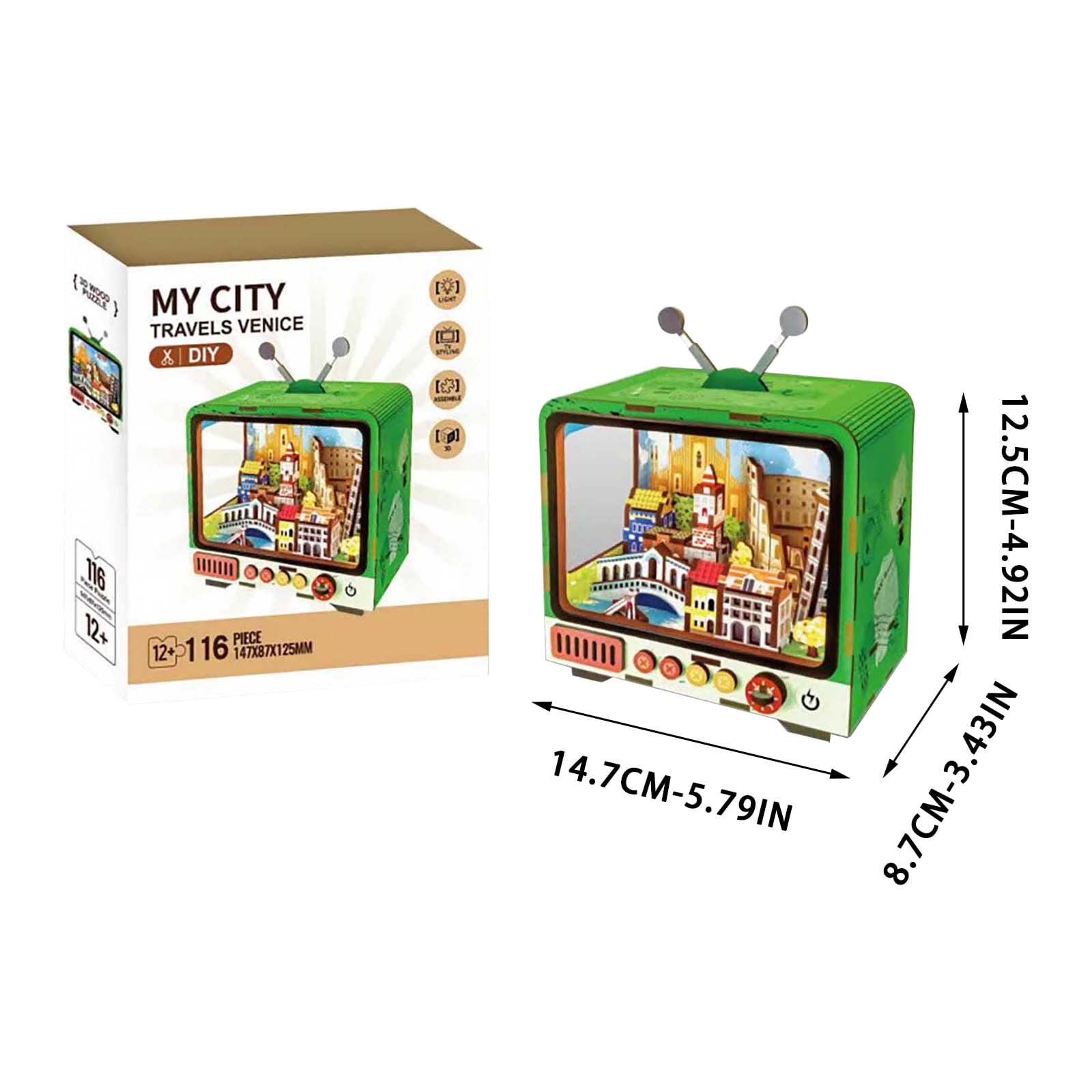 3D Wooden Puzzle TV Building Model, City Theme Architectural Toy with LED Light, Assembly Building Blocks Kit for Teens Adults, Educational Home Decor Gift