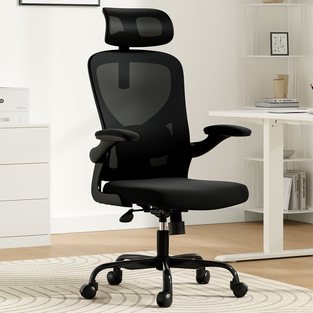 Ergonomic High Back Office Chair – Black with Adjustable Headrest & Lumbar Support, Flip-Up Armrests-Black + Nylon Mesh + Office