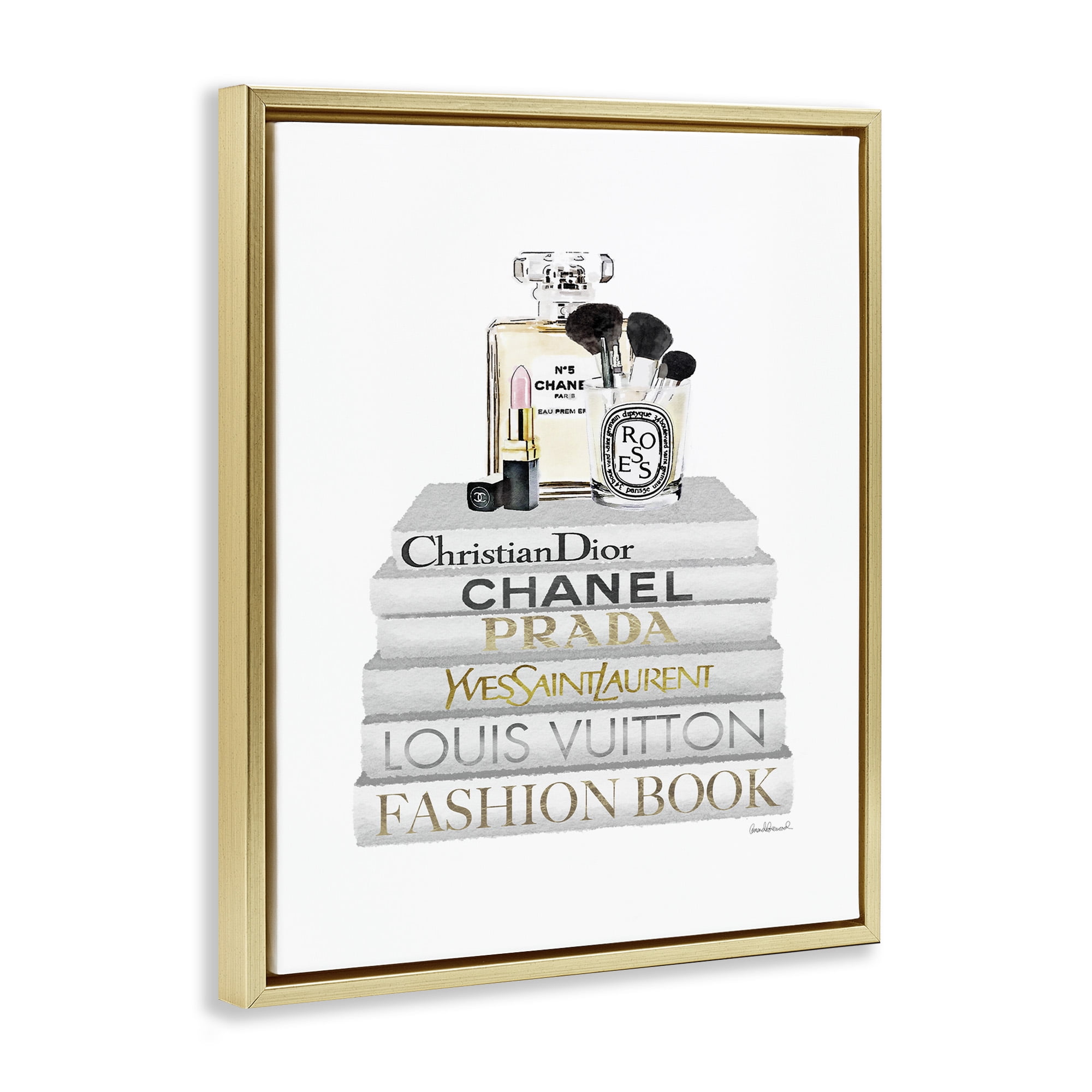 Stupell Industries Bookstack with Makeup Accessories Beauty & Fashion Painting Gold Floater Framed Canvas Art Print Wall Art, 17 x 21