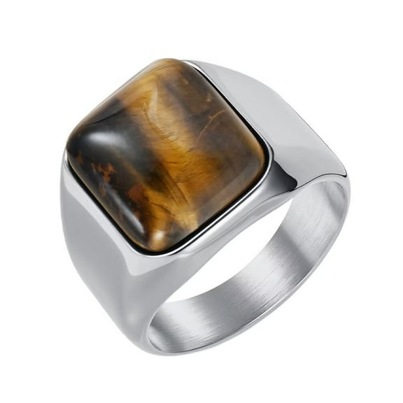 PAMTIER Men's and Women's Stainless Steel Classic Personalised Smooth Surface Square Brown Gemstone Ring Silver Size 13