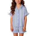 thumbnail image 5 of OGLCCG Girls 3 Piece Pajama Sets Button Down Short Sleeve Top Shorts & Long Pants Striped Sleepwear Lounge Sets Nighty For Teens 5-14 Years, 5 of 8