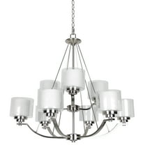 F17009-80-Sunset Lighting-Abbot - 9 Light 2-Tier Chandelier   Bright Satin Nickel Finish with Frosted Opal/Clear Seedy Glass