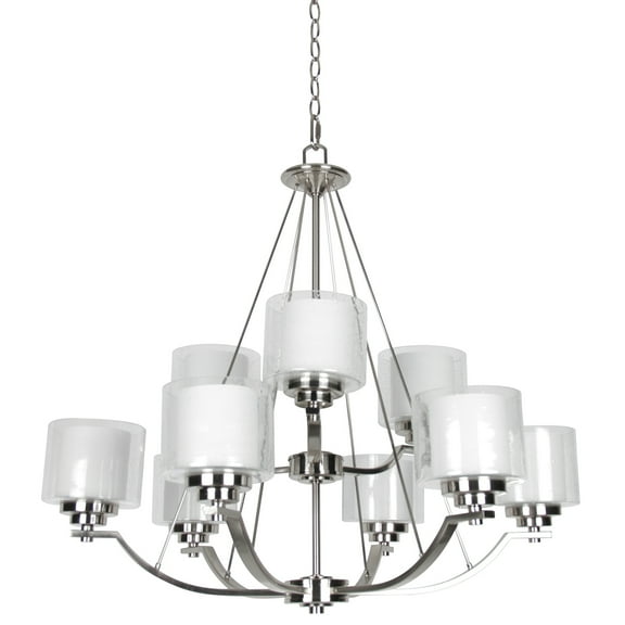 F17009-80-Sunset Lighting-Abbot - 9 Light 2-Tier Chandelier   Bright Satin Nickel Finish with Frosted Opal/Clear Seedy Glass