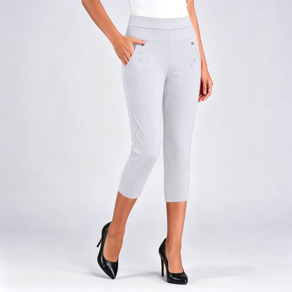 Guieoi Leggings for Women High Rise Tummy Control Solid-Color Straight-Leg 7/8-Length with Elastic Waist and Pockets Slim Fit Capri Cropped Pants White XXXXXL