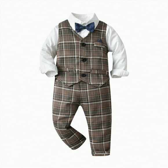 Zanarzt My First Christmas Baby Boy Outfits Toddler Boys Long Sleeve T Shirt Tops Plaid Vest Coat Pants Child Kids Gentleman Outfits Brown,18-24 Months