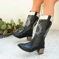 thumbnail image 2 of Embroidery Knee High Cowboy Boots Women Stacked Heel Splice Leather Wide Calf Pull on Long Cowgirl Booties, 2 of 7