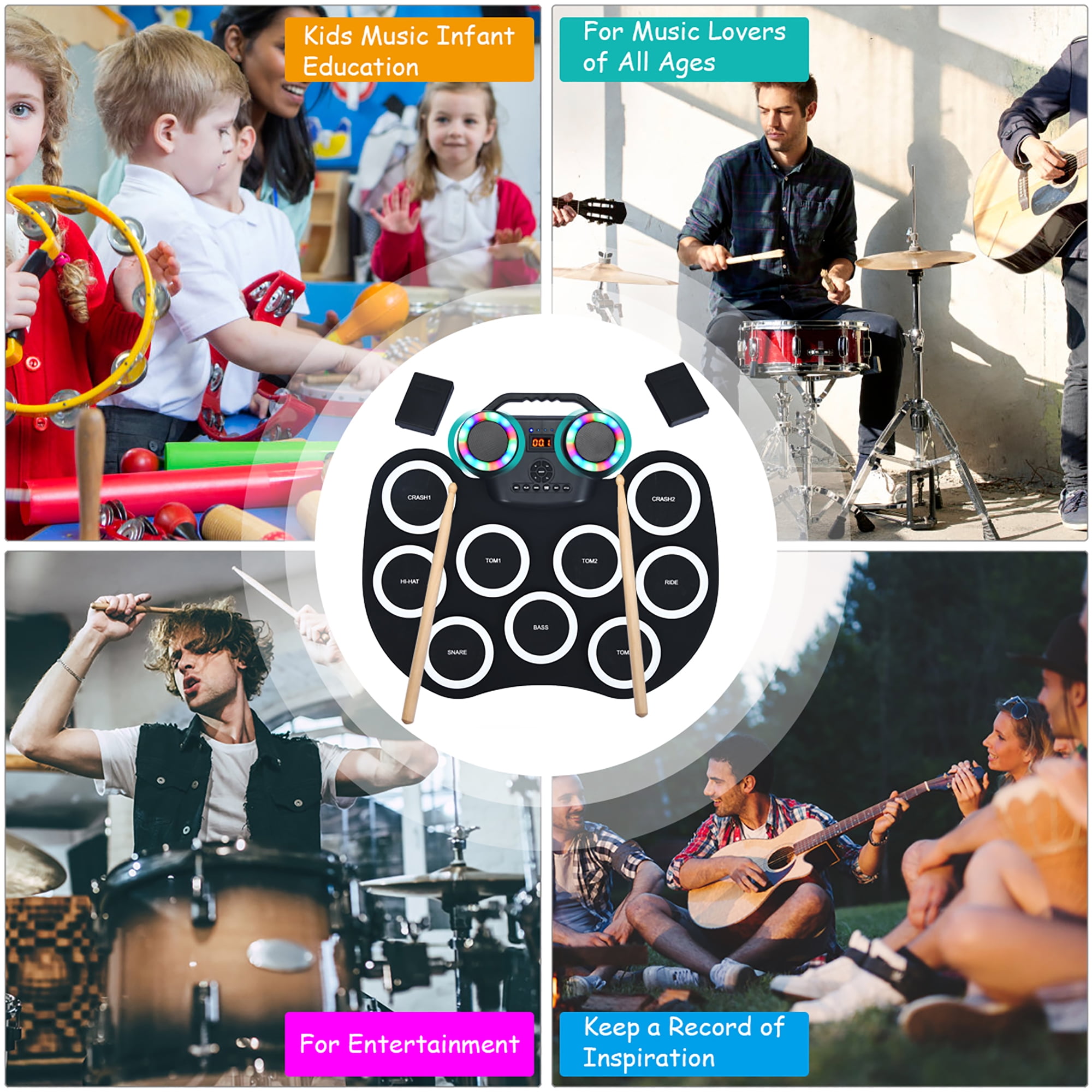 9 Pads Portable Electronic Drum Set with Built-in Speakers Foldable Roll-Up Touch Electronic Drum for Kids Teens Adults Drummer XR Roll-Up MIDI Drum Kit 
