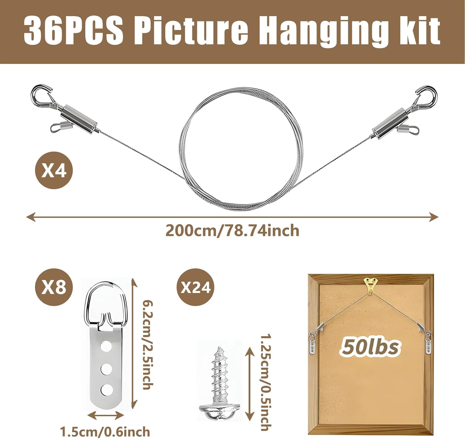 4PCS Picture Hanging Wire Kit, 6.56ft Adjustable Picture Hanging Wire, 3-Hole D Rings Picture Hangers with Screws, 50lbs Heavy Duty for Mirrors, Frames, Canvas Paintings