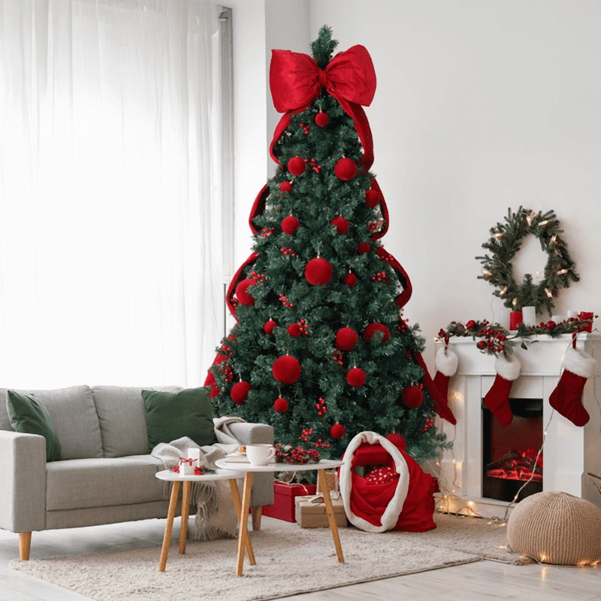 7.5FT Christmas Tree, Dark Green PVC with 1600 Branch Tips, 300 Warm White LED Lights, Easy Setup with Reinforced Metal Stand