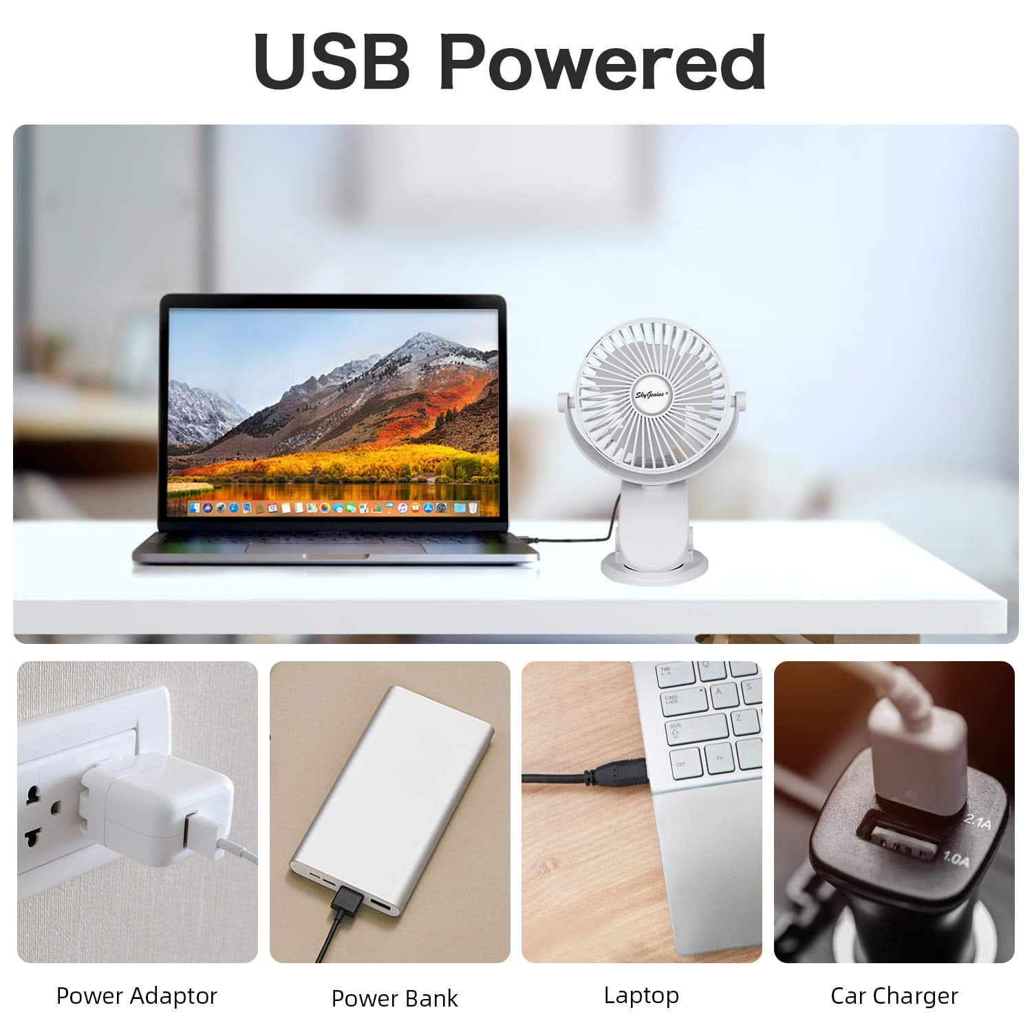 SkyGenius Battery Operated Mini Fan Clip on Desk Fan Baby Stroller Fan, White