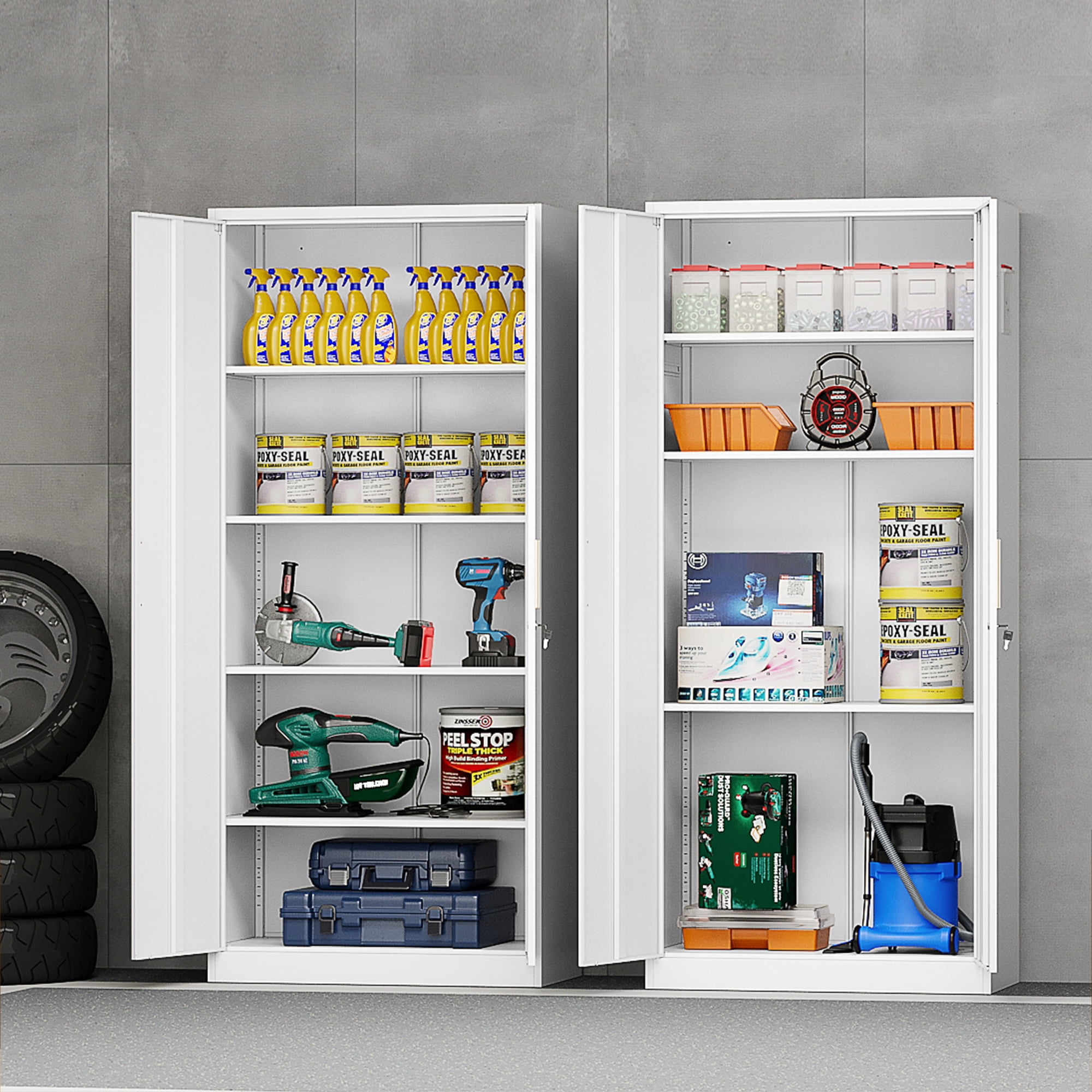 Fesbos Metal Garage Storage Cabinet with 2 Doors and 4 Adjustable Shelves, 71 Inches Tall White Steel Locking Tool Cabinets for Office, Home, Garage, Gym, School, Warehouse