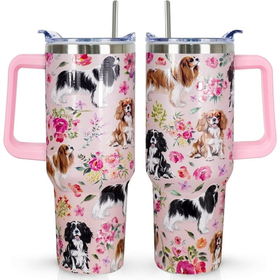 Cavalier King Charles Spaniel Tumbler - 40Oz 3D-Printed Insulated Travel Mug with Dog Patterns & Vintage Florals - Dog Lover Gift