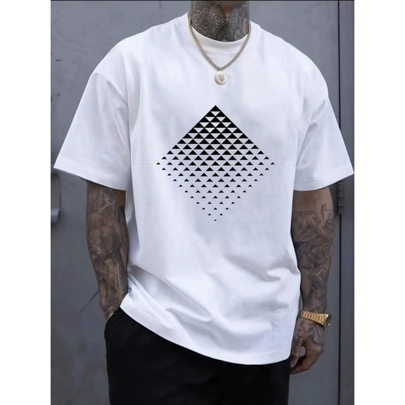 Men's Modern Geometric Triangle Pattern T-Shirt - White & Black Contrast Casual Crewneck Tee - Breathable Everyday Summer Shirt For Office Outings - Machine Washable Adult Men's Top