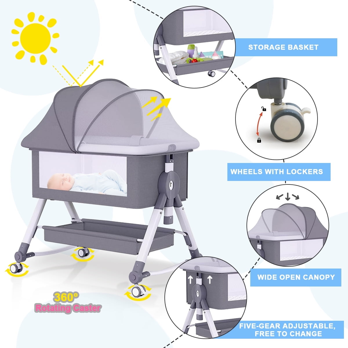 JUANYU Multifunctional Bedside Cradle with Adjustable Height ,Two-in-One Mosquito Net Design for Baby Safety and Comfort, Gray